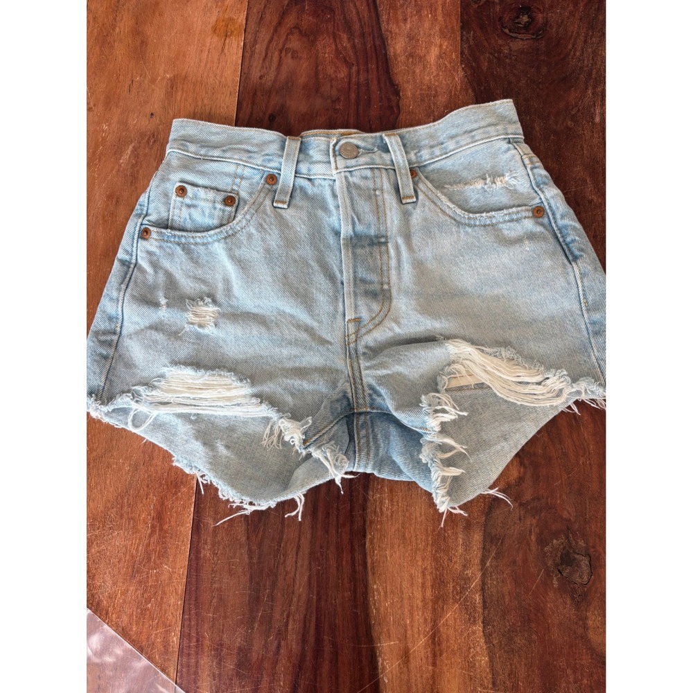 LEVI'S 501 denim shorts women sz 23 distressed button fly high rise cut-off - Picture 1 of 11